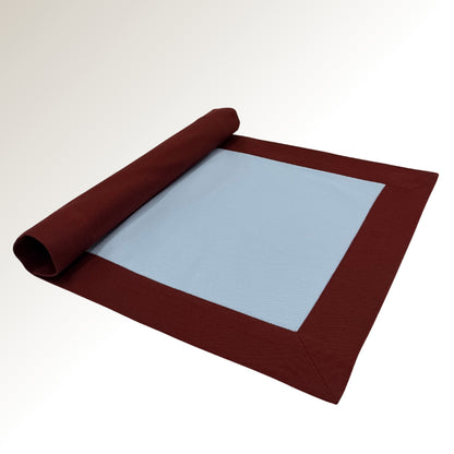 Burgundy and blue signature placemat.