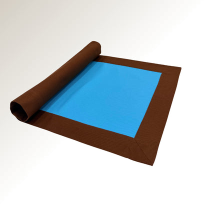 Brown and blue signature placemats.