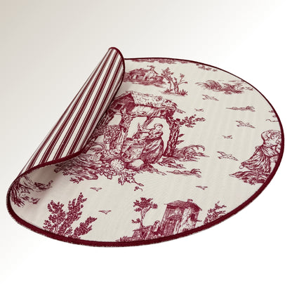 Burgundy toile placemats.