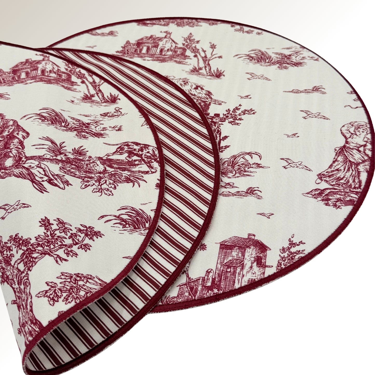 Burgundy toile placemats.