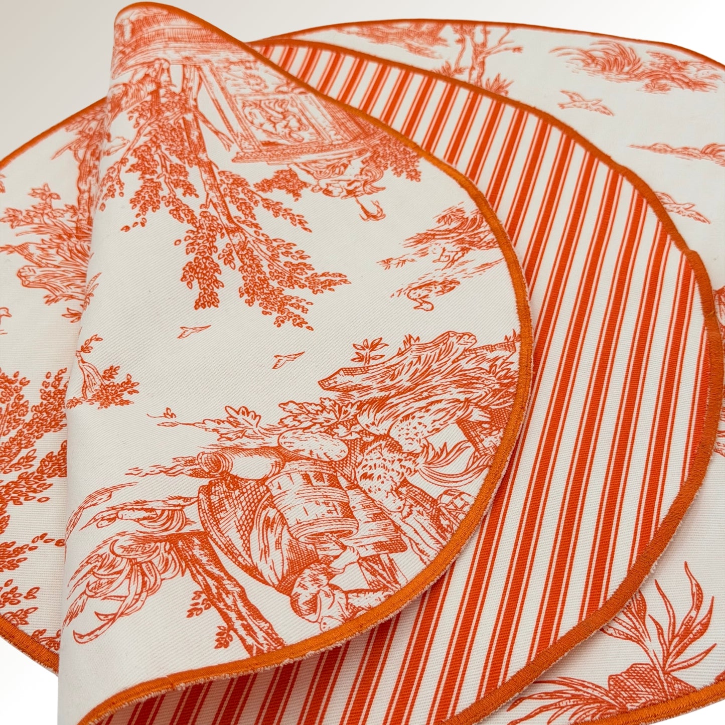 Orange toile placemats.